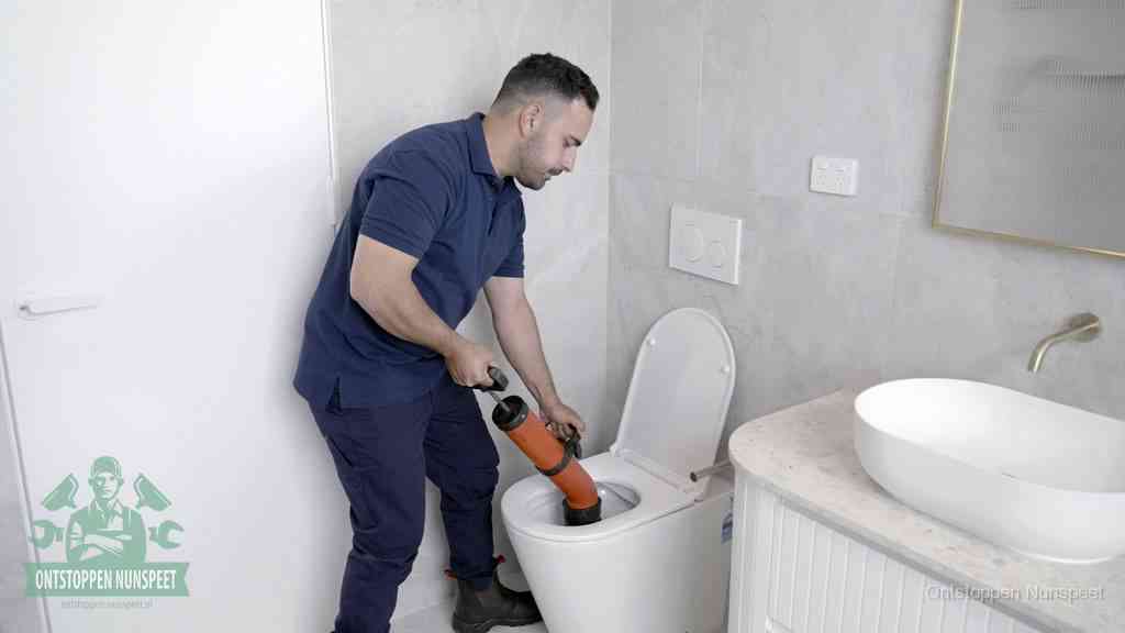 Een monteur gebruikt een handmatige perspomp (toiletontstopper) op een wandcloset tijdens het professioneel wc ontstoppen in Nunspeet